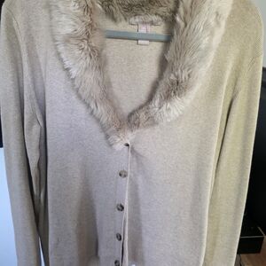 Banana Republic Tan Cardigan with Faux Fur Collar